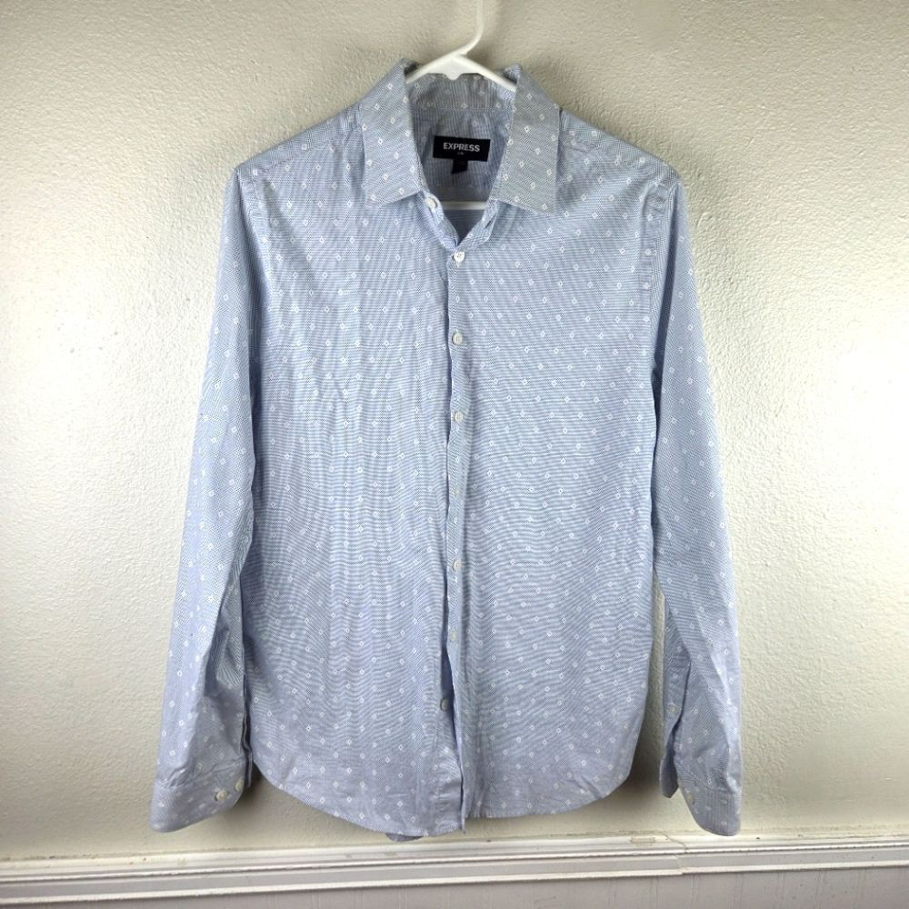 Express Men's Slim Button Down Shirt Blue White Dot Pattern 100% Cotton S